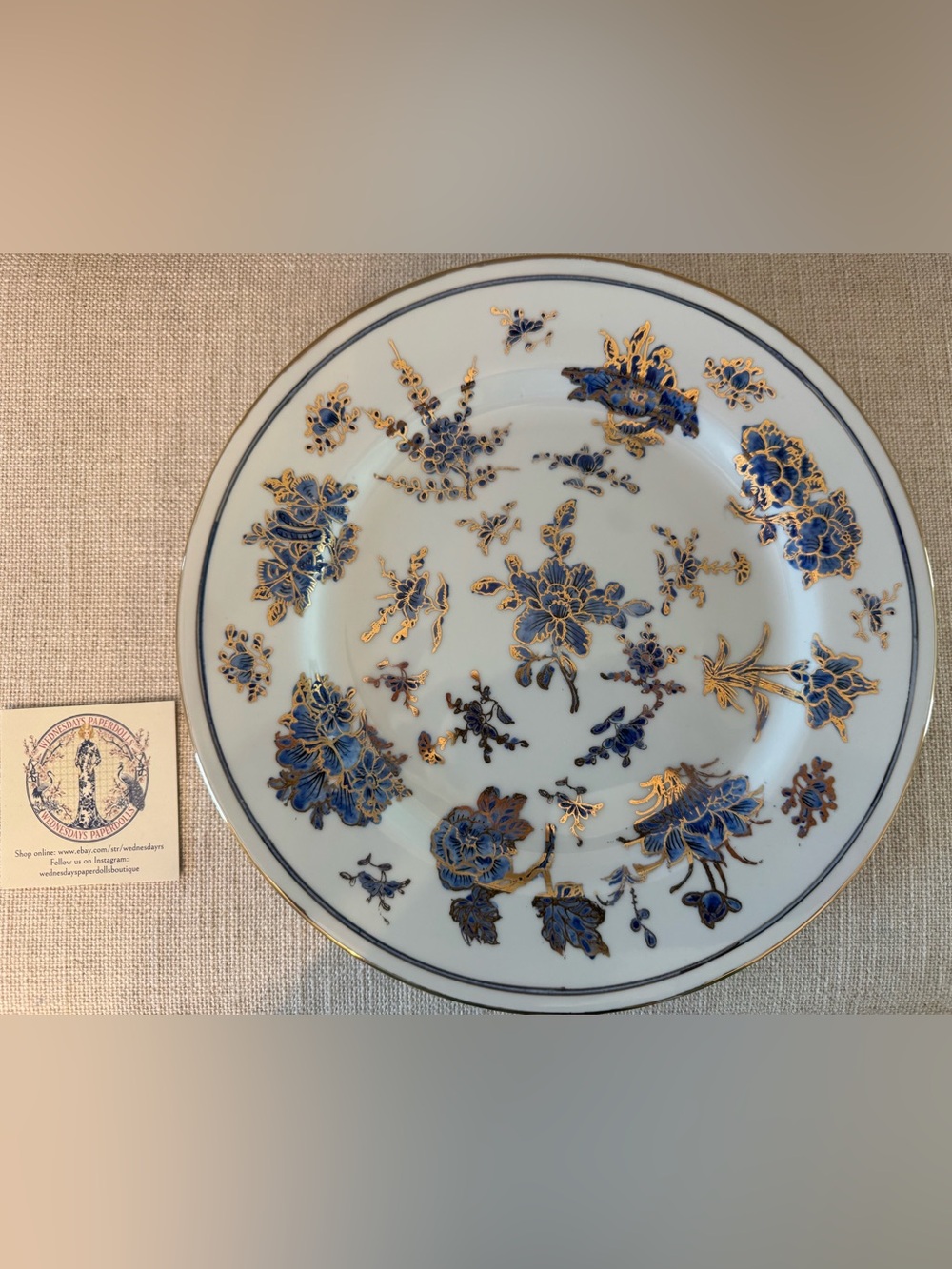 VTG  Chinese Hand Painted 10”Plate Blue & Gold Guilded Floral Qainlong Mark